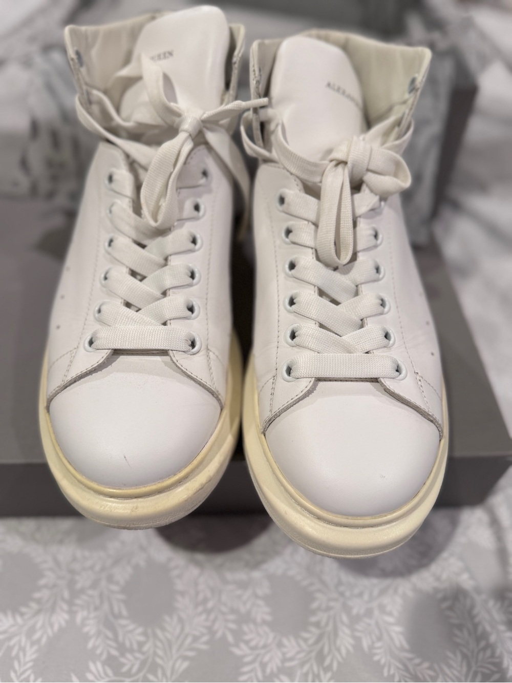 Alexander McQueen White Leather High-Top Sneakers with Off-White Sole